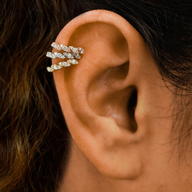 Single (Half Pair) 14k Solid Gold Natural Diamond Twist Leaf Illusion Non-Pierce Ear Cuff