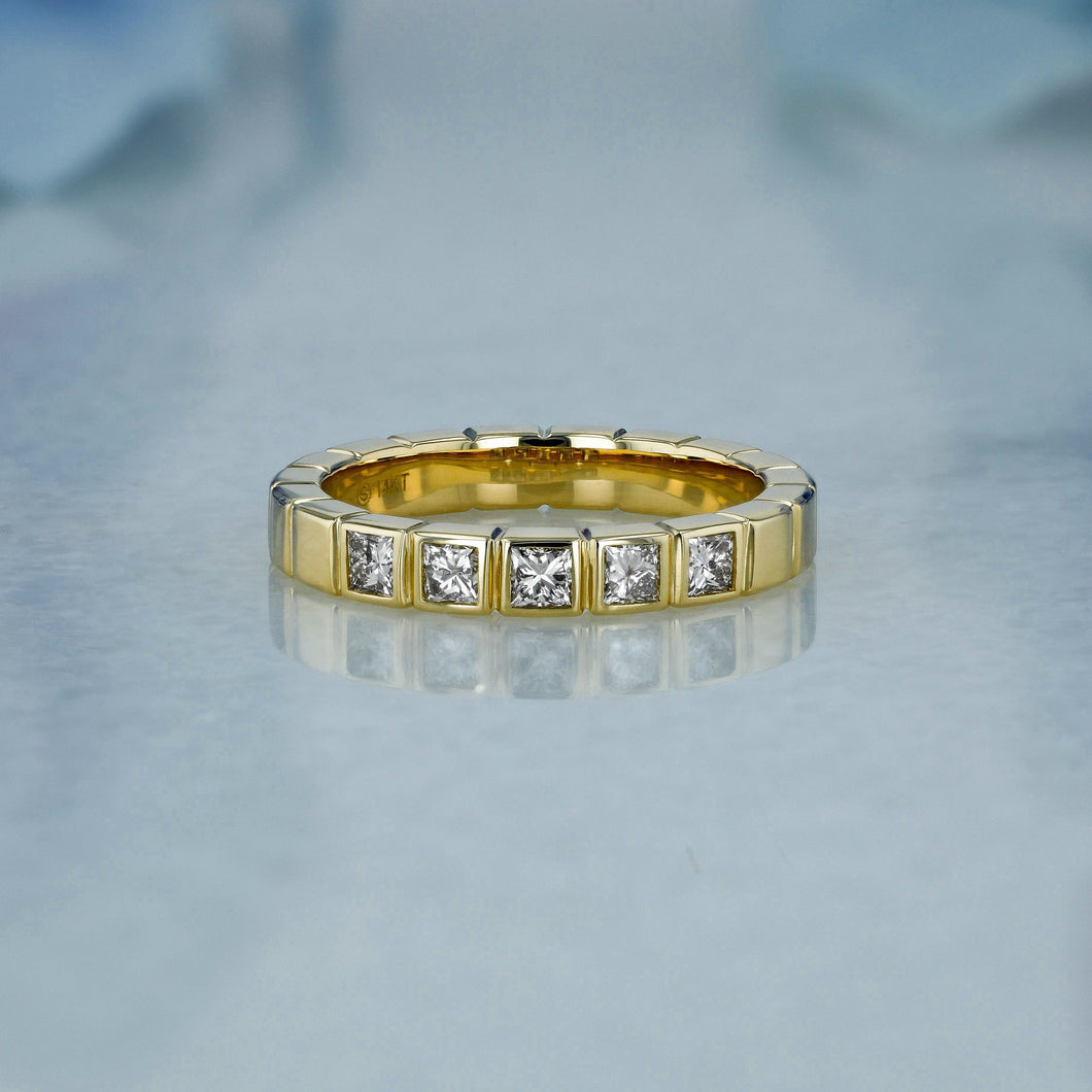 14k Solid Gold Natural Diamond Bezel Set Princess Cut Wedding Band Stackable  Ring